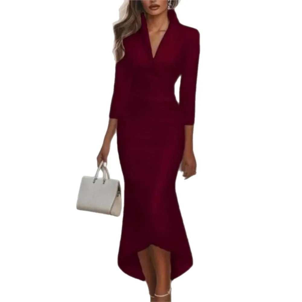 Autumn Satin Long Sleeve V-Neck Dress
