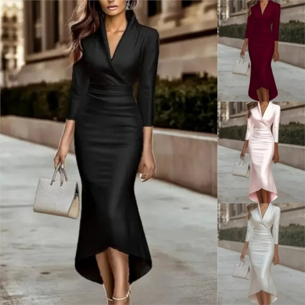 Autumn Satin Long Sleeve V-Neck Dress
