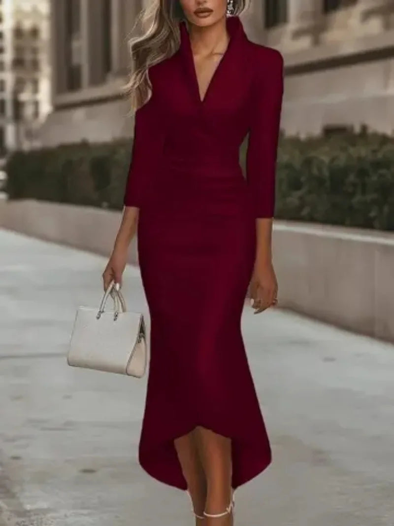 Autumn Satin Long Sleeve V-Neck Dress