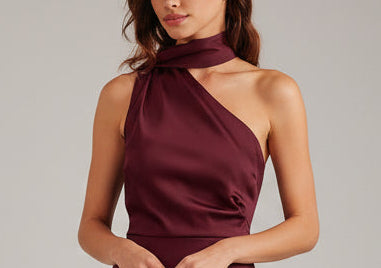 Wine Red Satin One Shoulder Maxi Dress